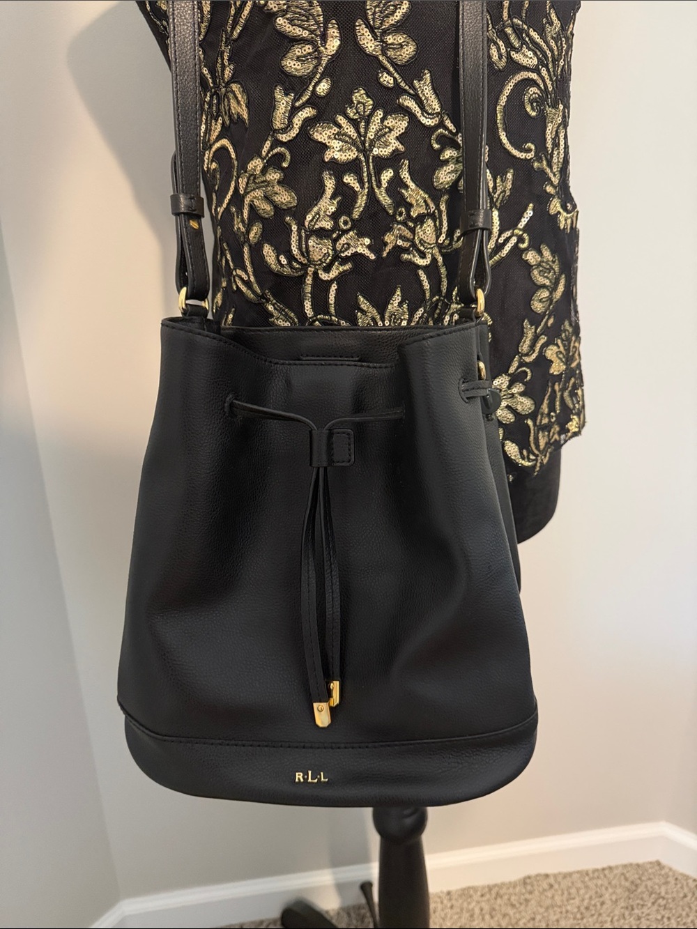 Black Leather Drawstring Bucket Bag